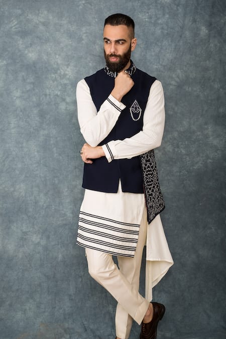 Sarab Khanijou Blue Suiting Embroidered Bundi And Draped Kurta Set 