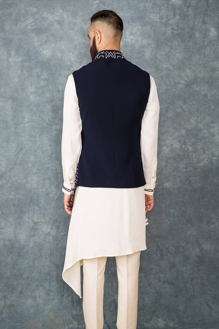Shop Sarab Khanijou Blue Suiting Embroidered Bundi And Draped Kurta Set at Aza Fashions Shop_Sarab Khanijou_Blue Suiting Embroidered Bundi And Draped Kurta Set _at_Aza_Fashions