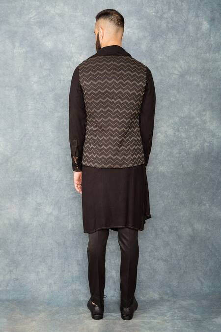 Shop Sarab Khanijou Black Matka Silk Embroidered Bundi And Draped Kurta Set at Aza Fashions Shop_Sarab Khanijou_Black Matka Silk Embroidered Bundi And Draped Kurta Set _at_Aza_Fashions