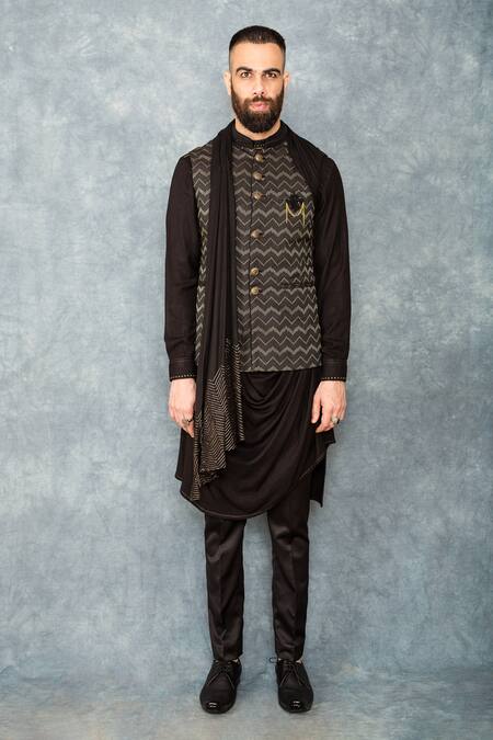 Sarab Khanijou Black Matka Silk Embroidered Bundi And Draped Kurta Set Online at Aza Fashions Sarab Khanijou_Black Matka Silk Embroidered Bundi And Draped Kurta Set _Online_at_Aza_Fashions