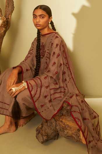 Shop_Sarang Kaur_Grey Organza Silk Floral Motifs Embroidered Dupatta _Online_at_Aza_Fashions