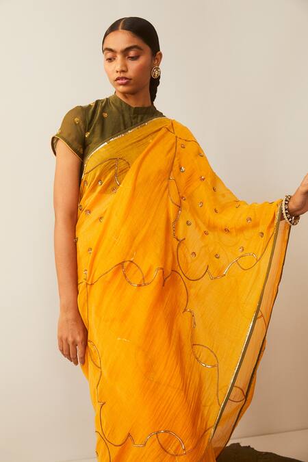 Sarang Kaur_Yellow Chanderi Silk Floral Motifs Meenakshi Embroidered Saree_Online_at_Aza_Fashions