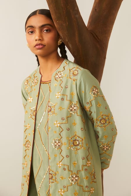 Sarang Kaur Green Cotton Silk Geometric And Floral Motifs Embroidered Kurta Set With Jacket Online at Aza Fashions Sarang Kaur_Green Cotton Silk Geometric And Floral Motifs Embroidered Kurta Set With Jacket_Online_at_Aza_Fashions