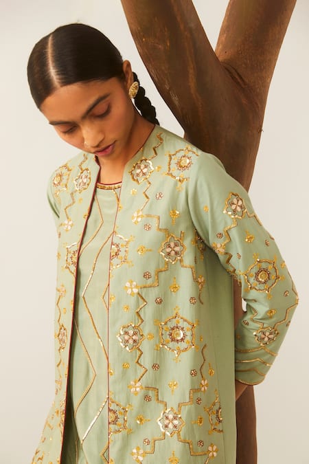 Buy Sarang Kaur Green Cotton Silk Geometric And Floral Motifs Embroidered Kurta Set With Jacket Online at Aza Fashions Buy_Sarang Kaur_Green Cotton Silk Geometric And Floral Motifs Embroidered Kurta Set With Jacket_Online_at_Aza_Fashions
