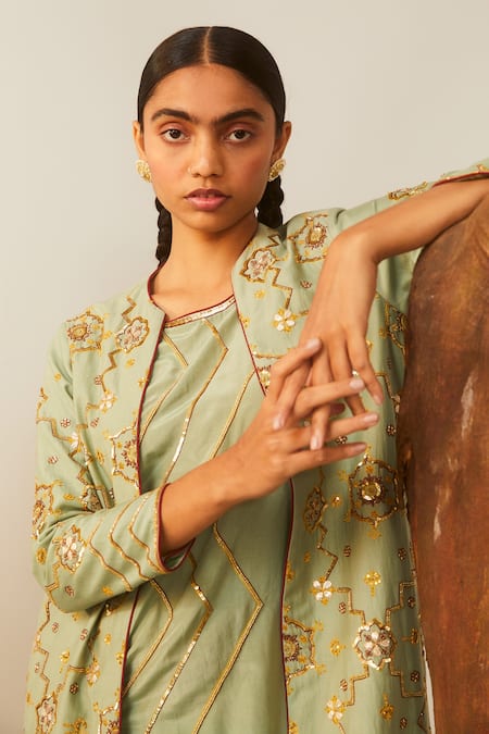 Shop Sarang Kaur Green Cotton Silk Geometric And Floral Motifs Embroidered Kurta Set With Jacket Online at Aza Fashions Shop_Sarang Kaur_Green Cotton Silk Geometric And Floral Motifs Embroidered Kurta Set With Jacket_Online_at_Aza_Fashions