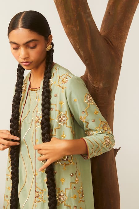 Sarang Kaur Green Cotton Silk Geometric And Floral Motifs Embroidered Kurta Set With Jacket at Aza Fashions Sarang Kaur_Green Cotton Silk Geometric And Floral Motifs Embroidered Kurta Set With Jacket_at_Aza_Fashions
