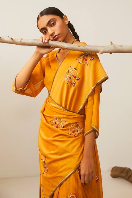 Sarang Kaur_Yellow Cotton Silk Elephant Motifs Mango Hathi Embroidered Dupatta_Online_at_Aza_Fashions