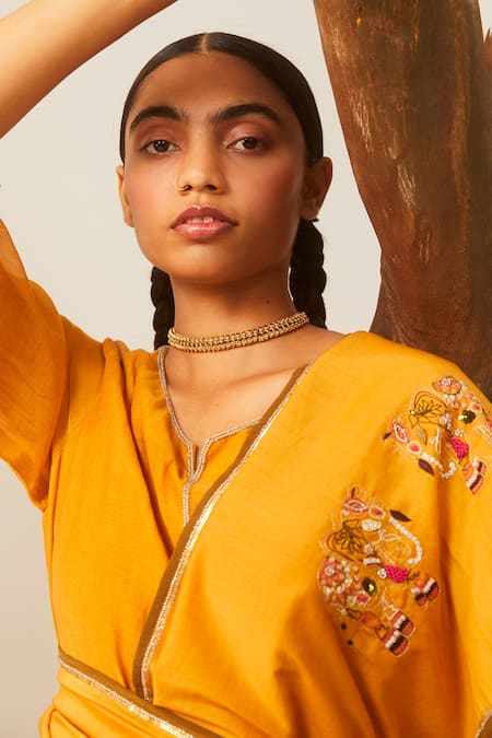 Shop_Sarang Kaur_Yellow Cotton Silk Elephant Motifs Mango Hathi Embroidered Dupatta_Online_at_Aza_Fashions