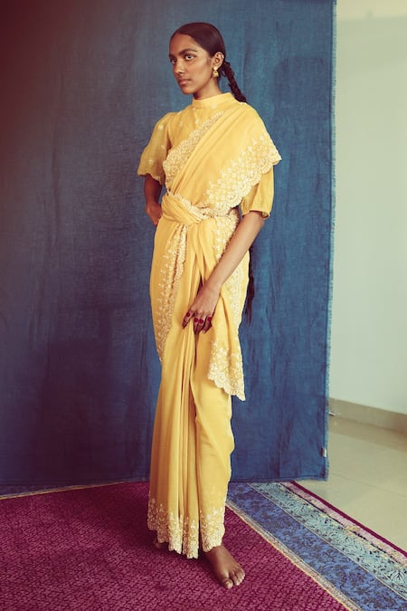 Shop Sarang Kaur Yellow Chanderi Silk Floral Motifs Hand Embroidered Saree at Aza Fashions Shop_Sarang Kaur_Yellow Chanderi Silk Floral Motifs Hand Embroidered Saree _at_Aza_Fashions