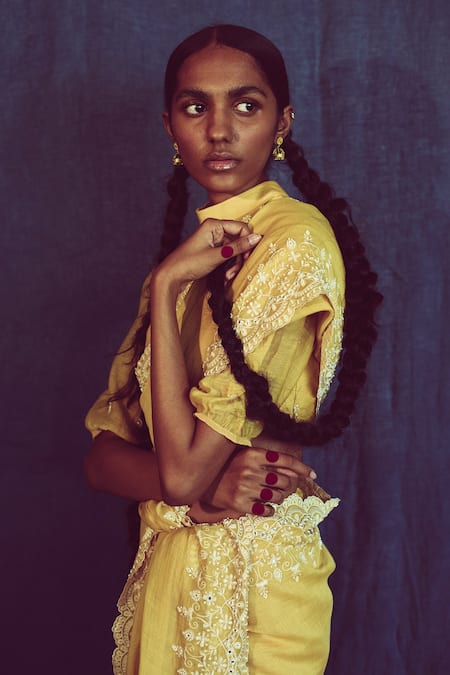 Sarang Kaur Yellow Chanderi Silk Floral Motifs Hand Embroidered Saree Online at Aza Fashions Sarang Kaur_Yellow Chanderi Silk Floral Motifs Hand Embroidered Saree _Online_at_Aza_Fashions