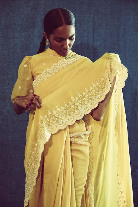 Buy Sarang Kaur Yellow Chanderi Silk Floral Motifs Hand Embroidered Saree Online at Aza Fashions Buy_Sarang Kaur_Yellow Chanderi Silk Floral Motifs Hand Embroidered Saree _Online_at_Aza_Fashions