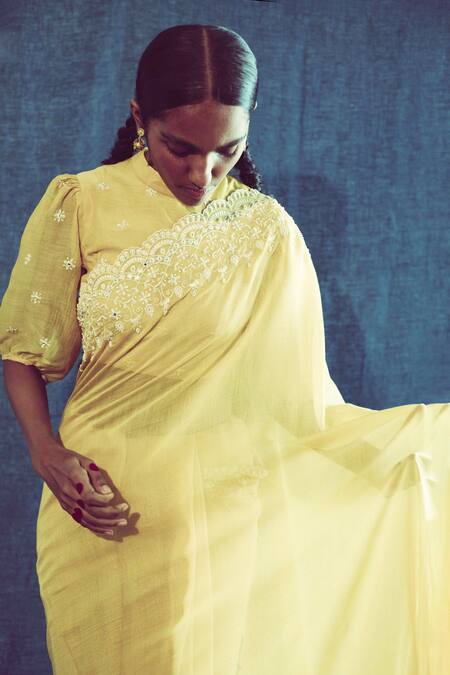 Shop Sarang Kaur Yellow Chanderi Silk Floral Motifs Hand Embroidered Saree Online at Aza Fashions Shop_Sarang Kaur_Yellow Chanderi Silk Floral Motifs Hand Embroidered Saree _Online_at_Aza_Fashions