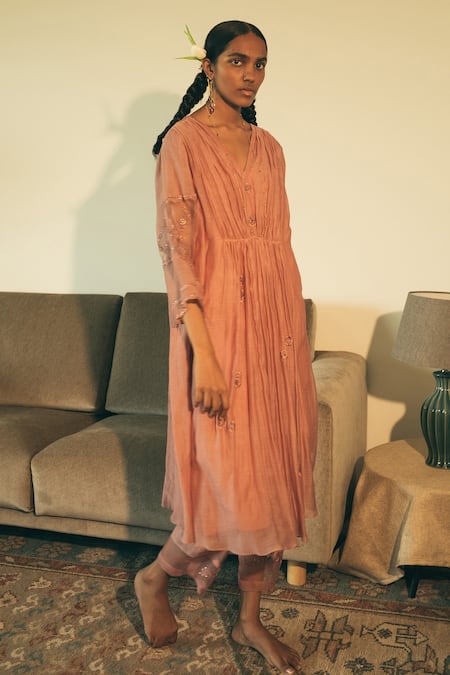 Sarang Kaur_Pink Kaftan Chanderi , Pant Cotton Floral Hand Embroidered And Set_Online_at_Aza_Fashions