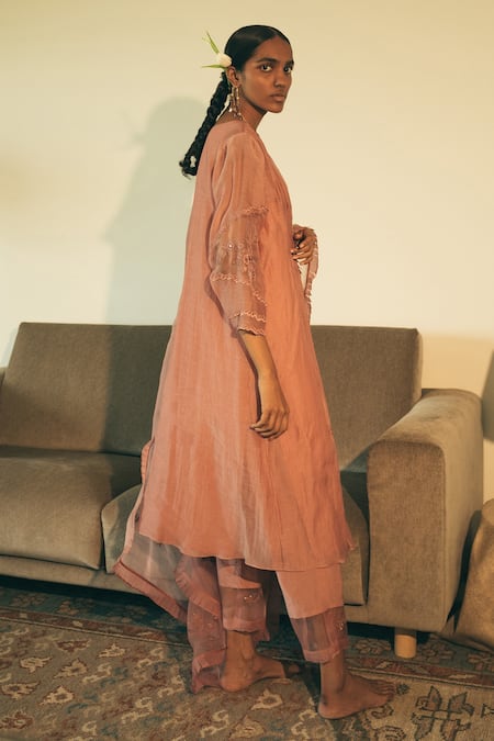 Buy_Sarang Kaur_Pink Kaftan Chanderi , Pant Cotton Floral Hand Embroidered And Set_Online_at_Aza_Fashions