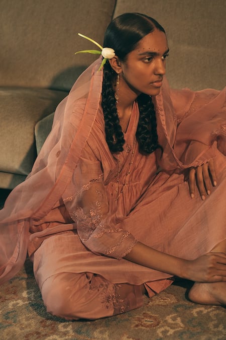 Shop_Sarang Kaur_Pink Kaftan Chanderi , Pant Cotton Floral Hand Embroidered And Set_Online_at_Aza_Fashions