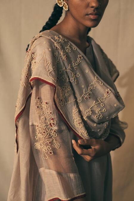 Shop_Sarang Kaur_Beige Chanderi Silk Floral Motifs Embroidered Dupatta _Online_at_Aza_Fashions