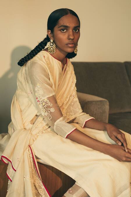 Sarang Kaur Beige Chanderi Silk Floral Motifs Notched Kurta And Pant Set Online at Aza Fashions Sarang Kaur_Beige Chanderi Silk Floral Motifs Notched Kurta And Pant Set_Online_at_Aza_Fashions