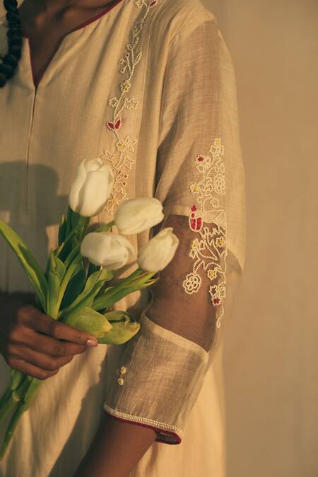 Shop Sarang Kaur Beige Chanderi Silk Floral Motifs Notched Kurta And Pant Set Online at Aza Fashions Shop_Sarang Kaur_Beige Chanderi Silk Floral Motifs Notched Kurta And Pant Set_Online_at_Aza_Fashions