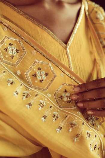 Shop_Sarang Kaur_Yellow Chanderi Silk Geometric And Floral Motifs Jaipuri Embroidered Dupatta_Online_at_Aza_Fashions