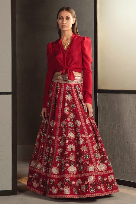 Namrata Joshipura Maroon Silk Embroidery Mandarin Collar Lehenga Set 