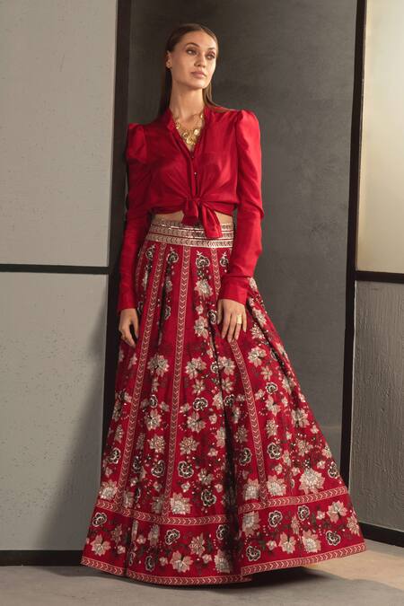 Namrata Joshipura Maroon Silk Mandarin Collar Lehenga Set Online at Aza Fashions Namrata Joshipura_Maroon Silk Mandarin Collar Lehenga Set_Online_at_Aza_Fashions