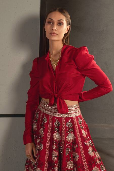 Buy Namrata Joshipura Maroon Silk Mandarin Collar Lehenga Set Online at Aza Fashions Buy_Namrata Joshipura_Maroon Silk Mandarin Collar Lehenga Set_Online_at_Aza_Fashions