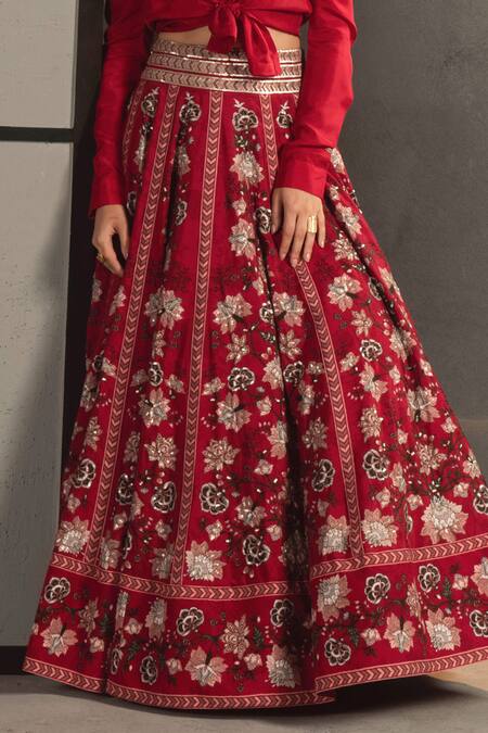 Shop Namrata Joshipura Maroon Silk Mandarin Collar Lehenga Set Online at Aza Fashions Shop_Namrata Joshipura_Maroon Silk Mandarin Collar Lehenga Set_Online_at_Aza_Fashions