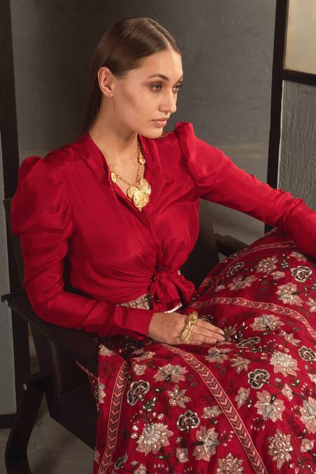 Namrata Joshipura Maroon Silk Mandarin Collar Lehenga Set at Aza Fashions Namrata Joshipura_Maroon Silk Mandarin Collar Lehenga Set_at_Aza_Fashions