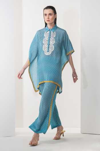 Namrata Joshipura_Blue Crepe Printed Zigzag Shirt Collar Azalea Kaftan And Pant Set _Online_at_Aza_Fashions