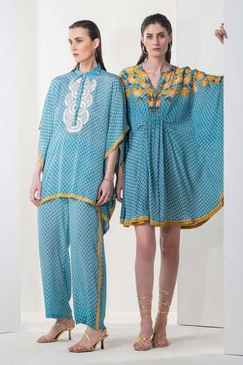 Buy_Namrata Joshipura_Blue Crepe Printed Zigzag Shirt Collar Azalea Kaftan And Pant Set _Online_at_Aza_Fashions