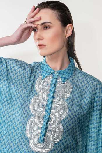 Shop_Namrata Joshipura_Blue Crepe Printed Zigzag Shirt Collar Azalea Kaftan And Pant Set _Online_at_Aza_Fashions