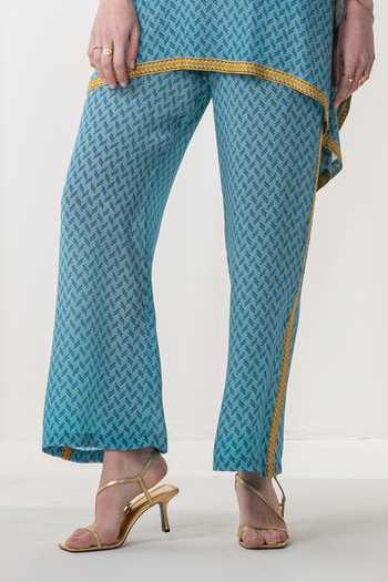 Namrata Joshipura_Blue Crepe Printed Zigzag Shirt Collar Azalea Kaftan And Pant Set _at_Aza_Fashions