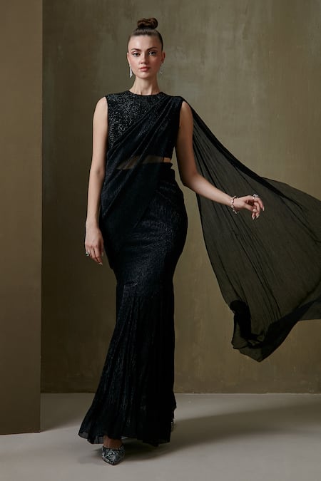 Namrata Joshipura Black Shimmer Pleated Embellishment Beads Trinity Pre-draped Saree With Blouse