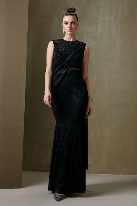 Buy Namrata Joshipura Black Shimmer Pleated Beads Round Trinity Pre-draped Saree With Blouse Online at Aza Fashions Buy_Namrata Joshipura_Black Shimmer Pleated Beads Round Trinity Pre-draped Saree With Blouse_Online_at_Aza_Fashions