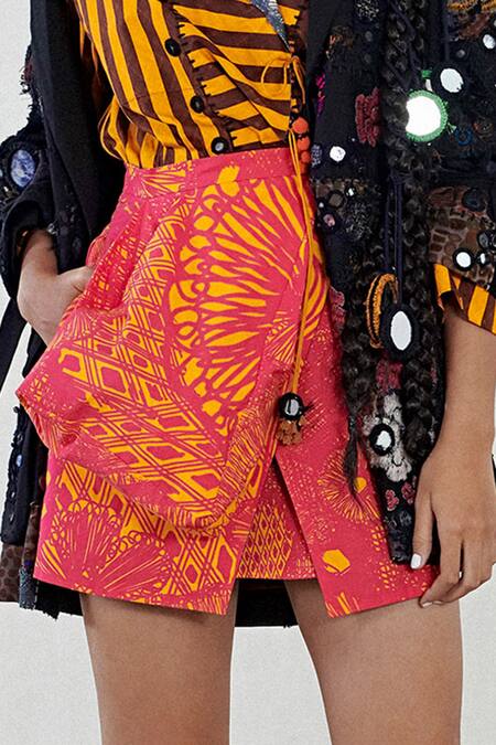 Saaksha & Kinni_Pink Poplin Printed Mini Skirt_Online_at_Aza_Fashions