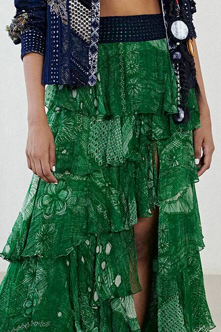 Buy_Saaksha & Kinni_Green Chiffon Layered Printed Skirt _Online_at_Aza_Fashions