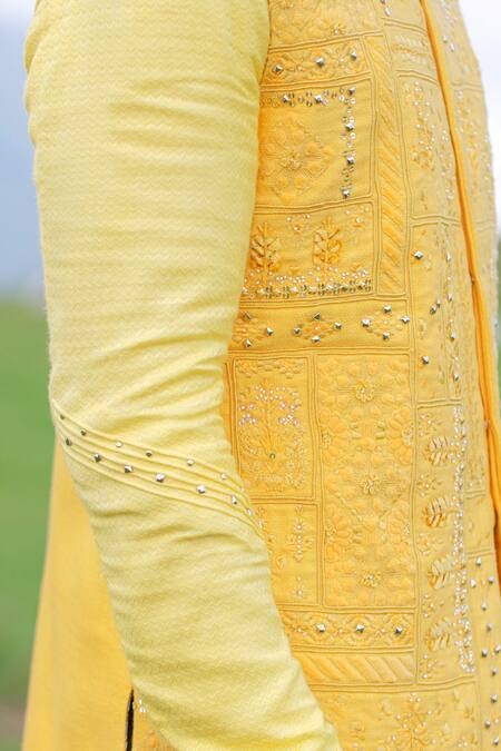 Shop_Sarab Khanijou_Yellow Bhagalpuri , Herringbone And Cotton Thread Bundi & Kurta Set _Online_at_Aza_Fashions