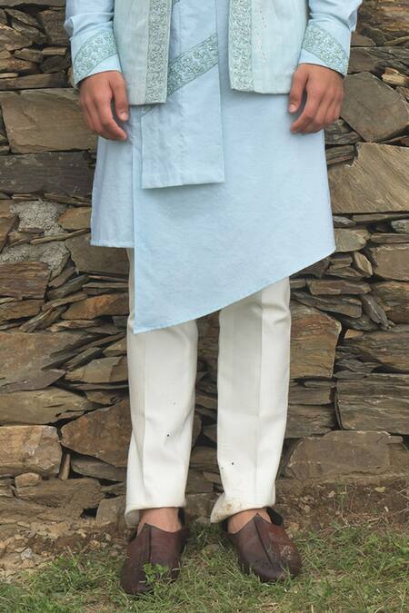 Shop Sarab Khanijou Blue Bhagalpuri And Cotton Thread Flower Embellished Jacket & Kurta Set Online at Aza Fashions Shop_Sarab Khanijou_Blue Bhagalpuri And Cotton Thread Flower Embellished Jacket & Kurta Set_Online_at_Aza_Fashions