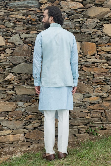 Shop Sarab Khanijou Blue Bhagalpuri And Cotton Thread Flower Embellished Jacket & Kurta Set at Aza Fashions Shop_Sarab Khanijou_Blue Bhagalpuri And Cotton Thread Flower Embellished Jacket & Kurta Set_at_Aza_Fashions