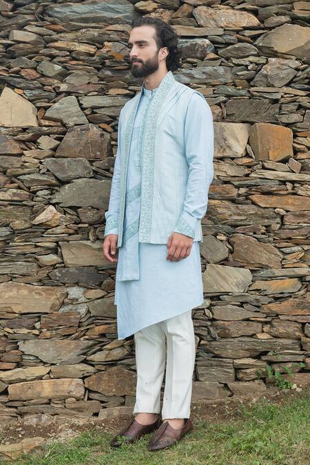 Sarab Khanijou Blue Bhagalpuri And Cotton Thread Flower Embellished Jacket & Kurta Set Online at Aza Fashions Sarab Khanijou_Blue Bhagalpuri And Cotton Thread Flower Embellished Jacket & Kurta Set_Online_at_Aza_Fashions