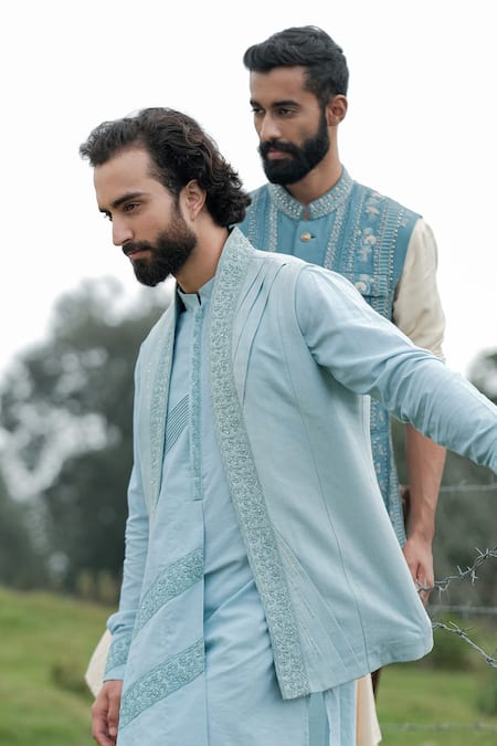Buy Sarab Khanijou Blue Bhagalpuri And Cotton Thread Flower Embellished Jacket & Kurta Set Online at Aza Fashions Buy_Sarab Khanijou_Blue Bhagalpuri And Cotton Thread Flower Embellished Jacket & Kurta Set_Online_at_Aza_Fashions
