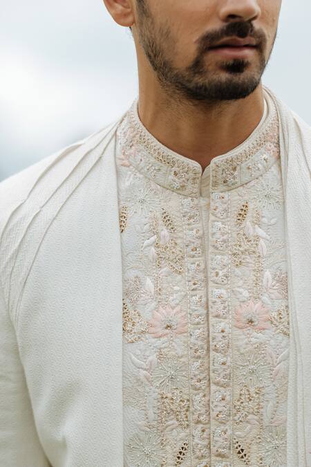 Sarab Khanijou_White Bhagalpuri And Cotton Thread Embroidery & Sherwani & Kurta Set_Online_at_Aza_Fashions