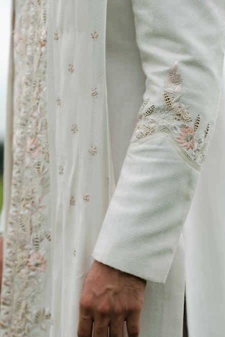 Buy_Sarab Khanijou_White Bhagalpuri And Cotton Thread Embroidery & Sherwani & Kurta Set_Online_at_Aza_Fashions