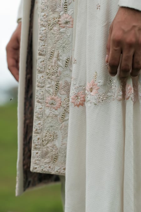 Shop_Sarab Khanijou_White Bhagalpuri And Cotton Thread Embroidery & Sherwani & Kurta Set_Online_at_Aza_Fashions