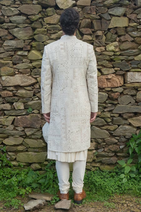 Shop Sarab Khanijou White Munga Matka And Cotton Silk Embroidery Thread Sherwani & Kurta Set at Aza Fashions Shop_Sarab Khanijou_White Munga Matka And Cotton Silk Embroidery Thread Sherwani & Kurta Set _at_Aza_Fashions