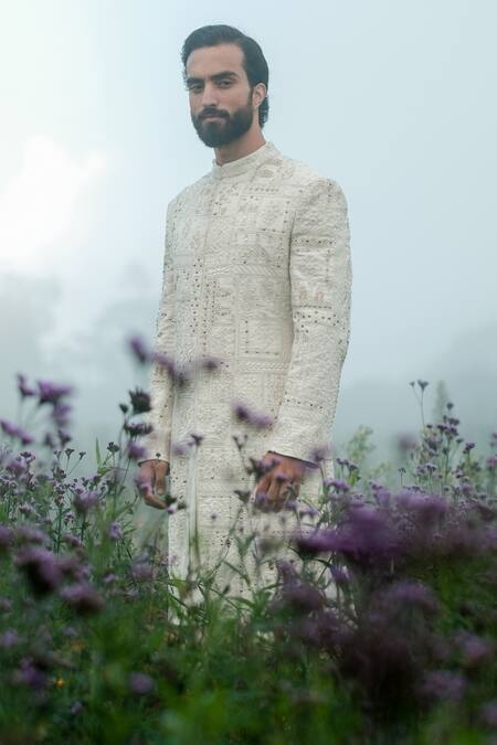 Sarab Khanijou White Munga Matka And Cotton Silk Embroidery Thread Sherwani & Kurta Set Online at Aza Fashions Sarab Khanijou_White Munga Matka And Cotton Silk Embroidery Thread Sherwani & Kurta Set _Online_at_Aza_Fashions