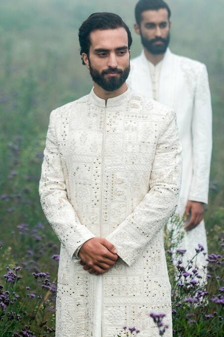 Buy Sarab Khanijou White Munga Matka And Cotton Silk Embroidery Thread Sherwani & Kurta Set Online at Aza Fashions Buy_Sarab Khanijou_White Munga Matka And Cotton Silk Embroidery Thread Sherwani & Kurta Set _Online_at_Aza_Fashions