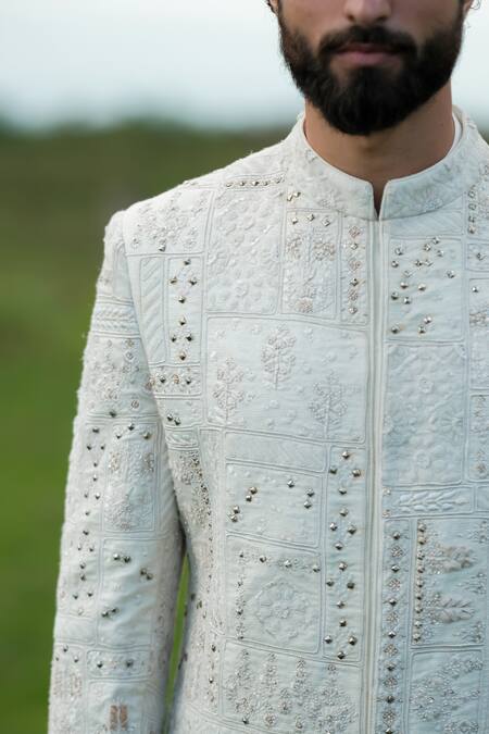 Shop Sarab Khanijou White Munga Matka And Cotton Silk Embroidery Thread Sherwani & Kurta Set Online at Aza Fashions Shop_Sarab Khanijou_White Munga Matka And Cotton Silk Embroidery Thread Sherwani & Kurta Set _Online_at_Aza_Fashions