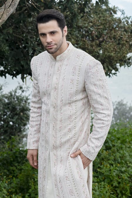 Sarab Khanijou White Bhagalpuri And Cotton Embroidery & Work Sherwani & Kurta Set