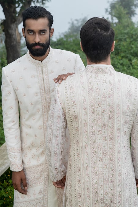 Shop Sarab Khanijou White Bhagalpuri And Cotton Thread & Work Sherwani & Kurta Set at Aza Fashions Shop_Sarab Khanijou_White Bhagalpuri And Cotton Thread & Work Sherwani & Kurta Set _at_Aza_Fashions